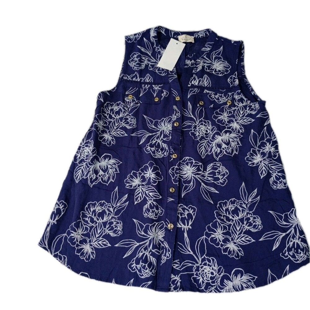 Ember Blue Floral Sleeveless Button Up Top Size M Boho Silver Buttons